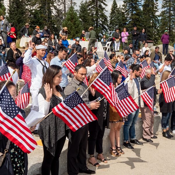 A naturalization oath ceremony outside